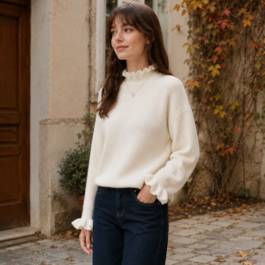 Maglione bianco donna con collo alto arricciato e volant sui polsini, con pantaloni scuri