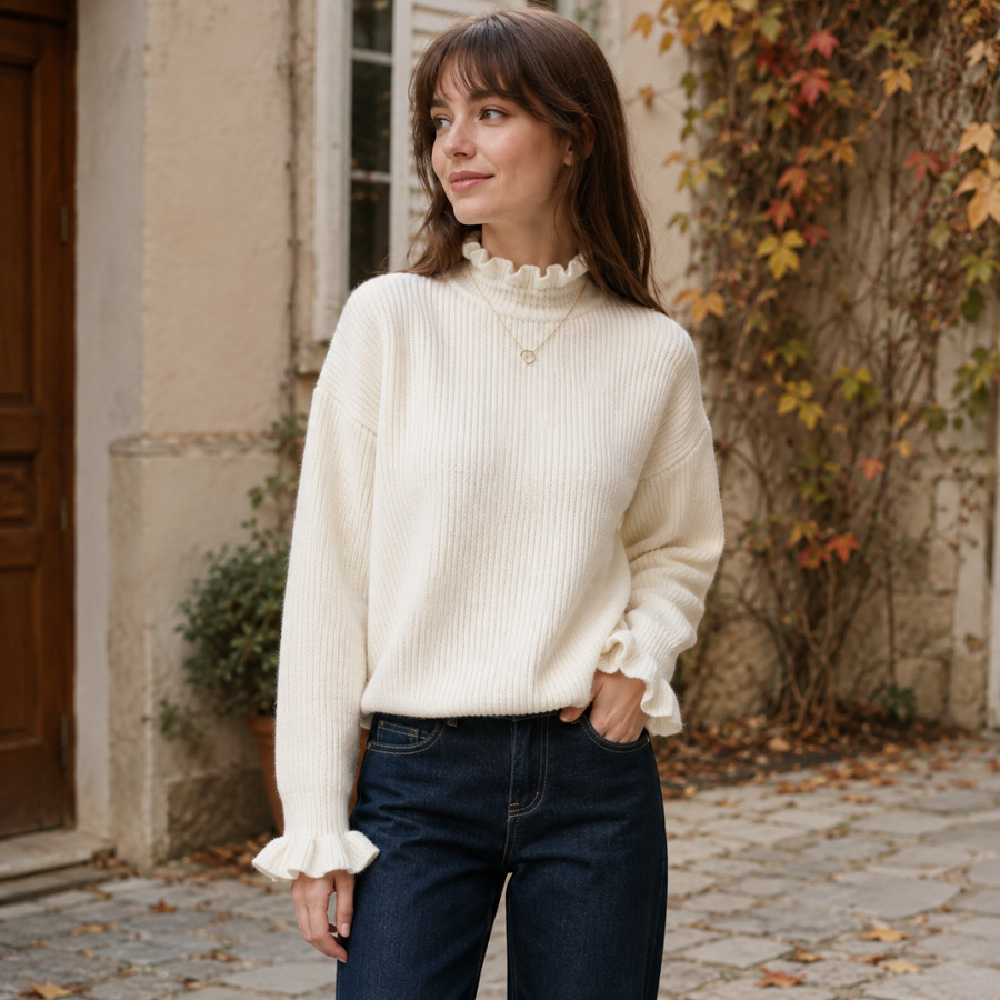 Maglione donna bianco a costine con collo alto a volant e maniche lunghe morbide