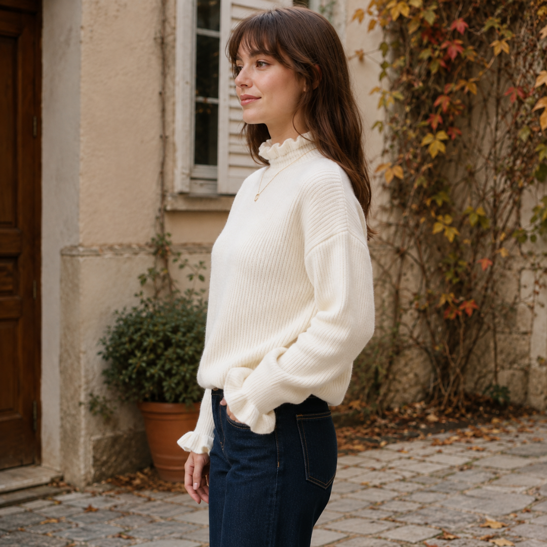 Vista di profilo del maglione bianco donna con costine verticali e polsino a volant
