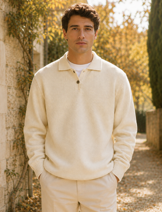 Maglione polo uomo beige con colletto aperto e bottoni sul davanti