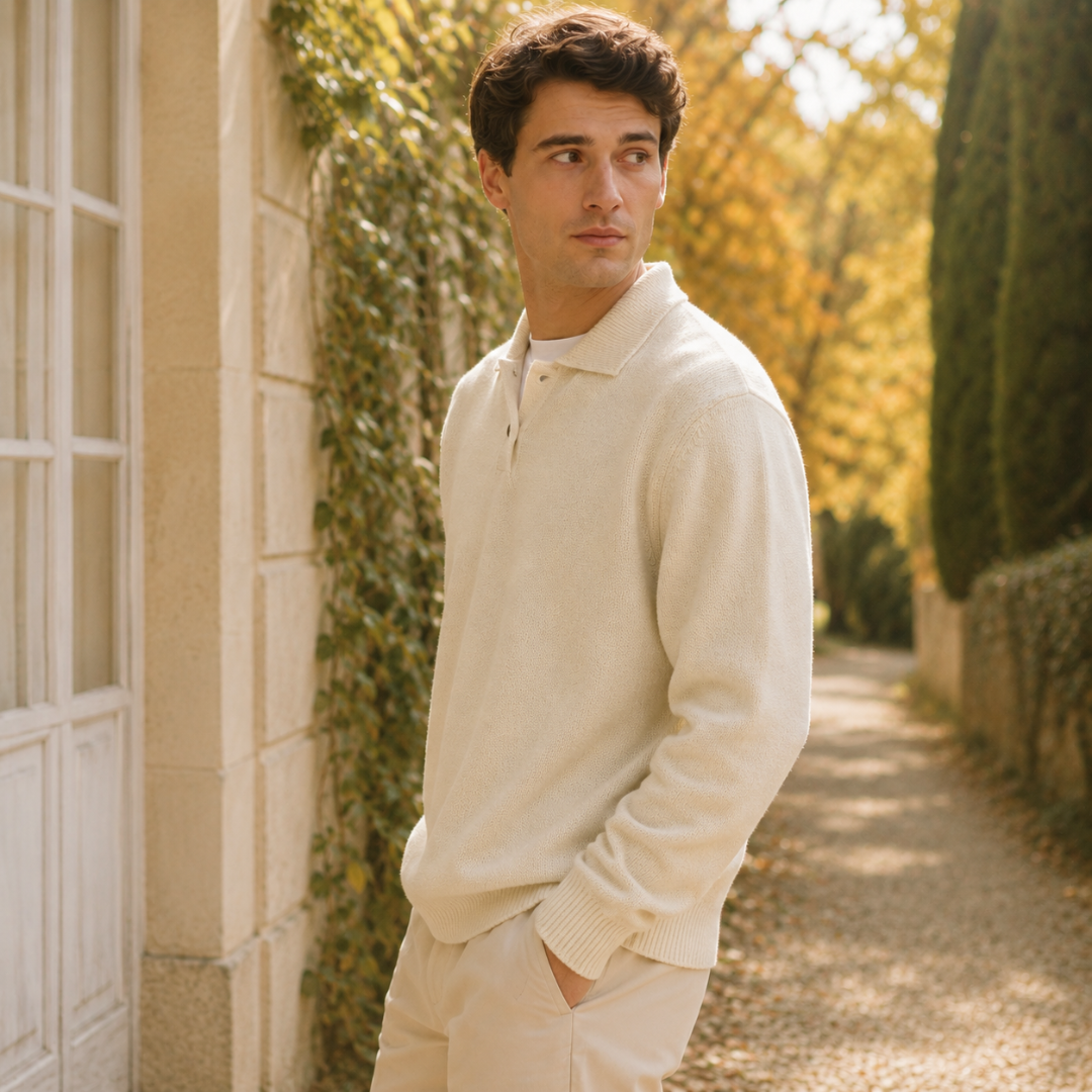 Vista laterale del maglione polo beige con maniche lunghe e polsini a coste