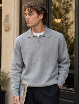 Maglione polo uomo grigio in maglia con colletto aperto e maniche lunghe