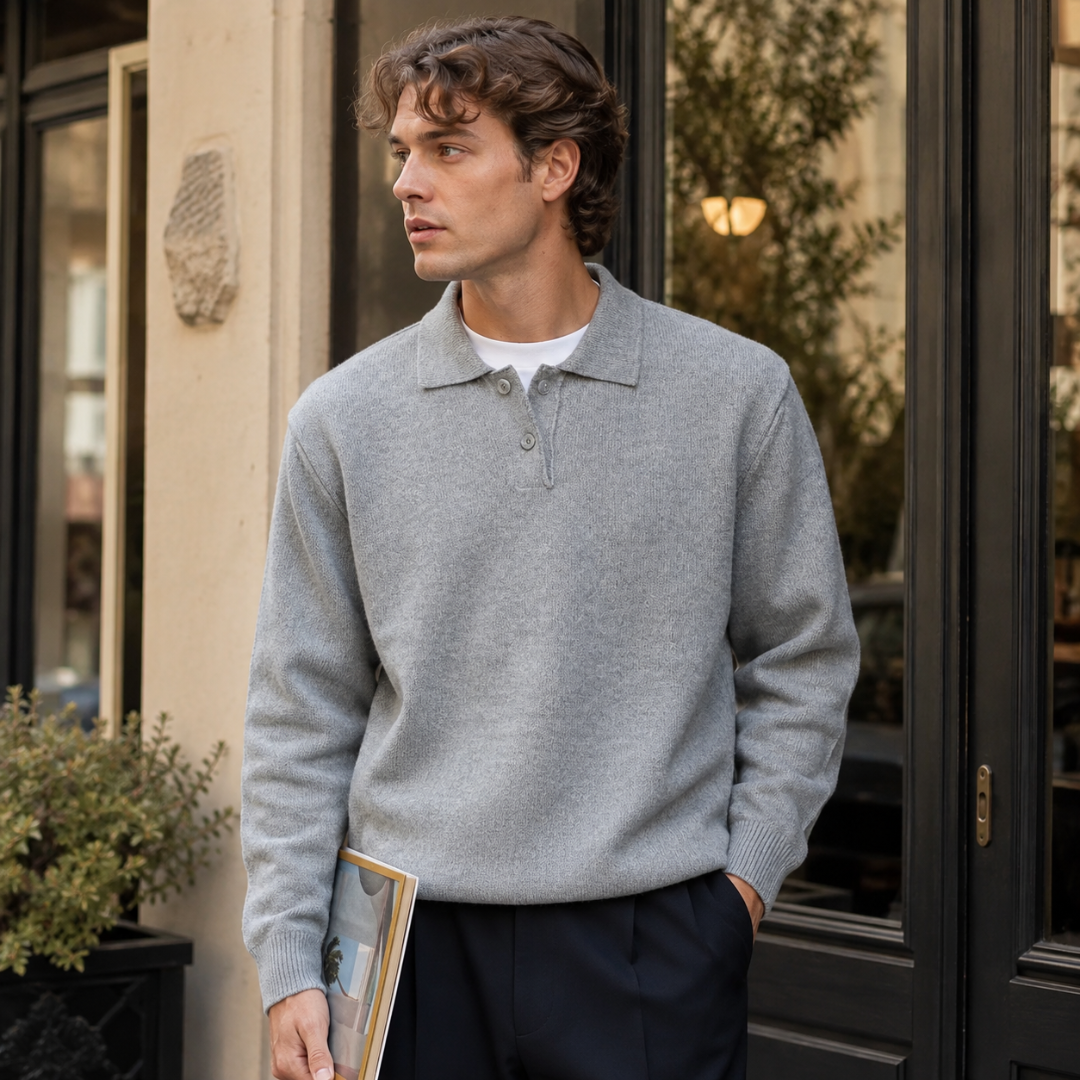 Maglione polo uomo grigio in maglia con colletto aperto e maniche lunghe