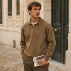 Maglione polo uomo marrone con colletto polo e chiusura a bottoni