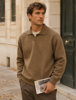 Maglione polo uomo marrone con colletto polo e chiusura a bottoni