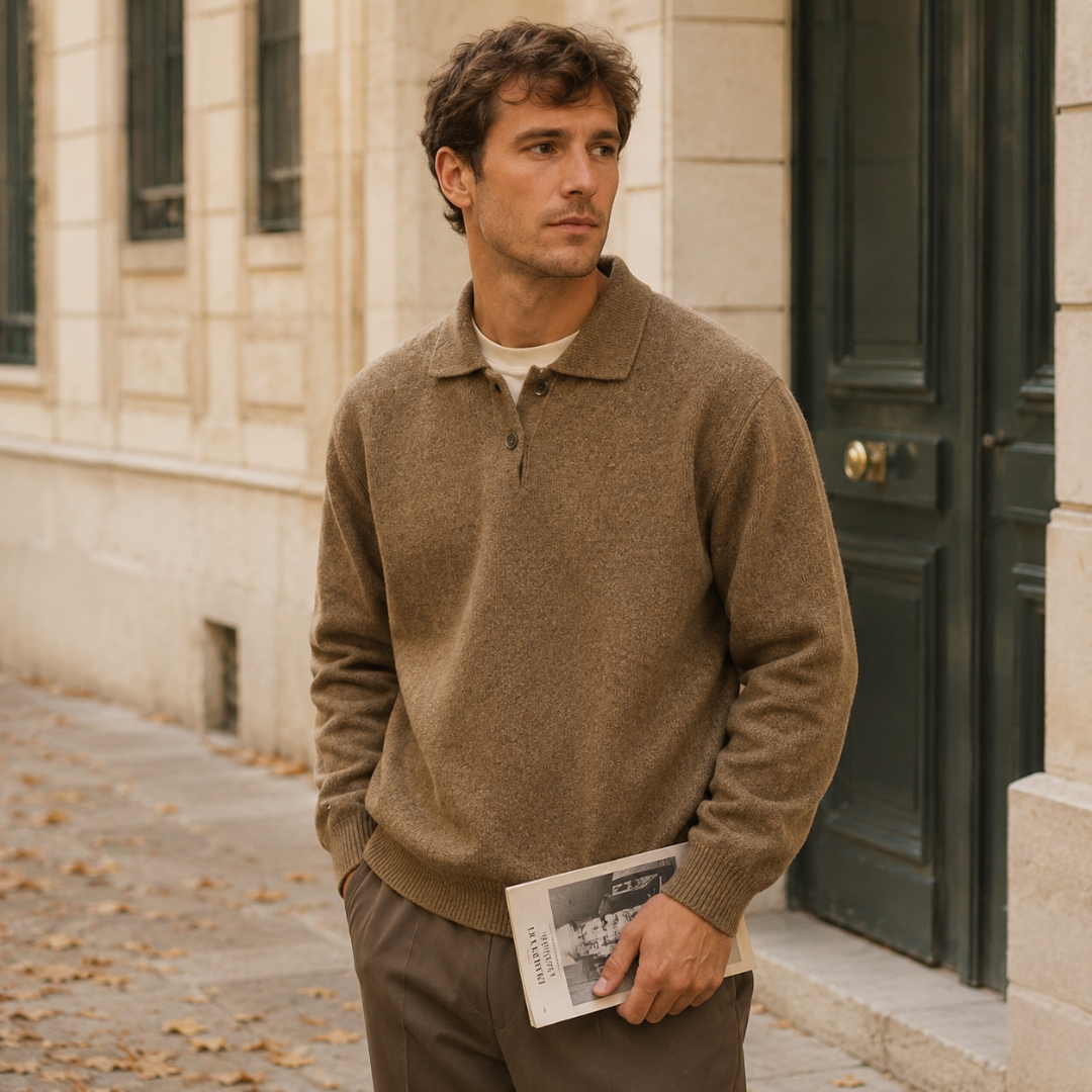 Maglione polo uomo marrone con colletto polo e chiusura a bottoni