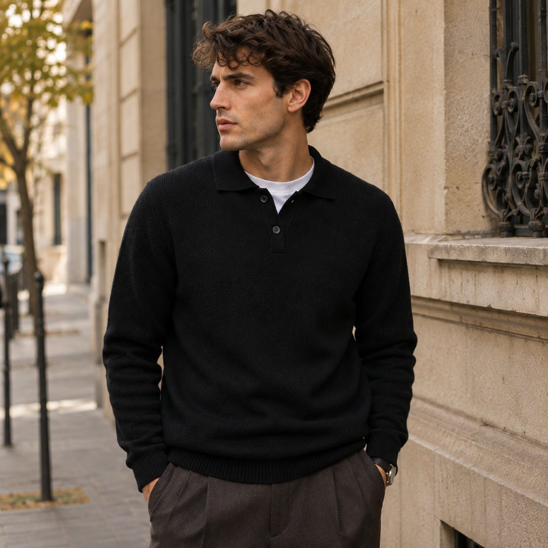 Maglione polo uomo nero con bottoni sul davanti e polsini a coste