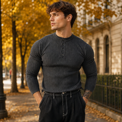 Maglione uomo grigio scuro a coste con abbottonatura corta e maniche lunghe
