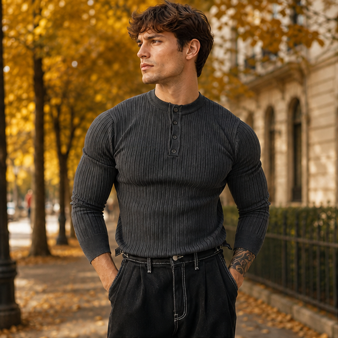 Maglione uomo grigio scuro a coste con abbottonatura corta e maniche lunghe