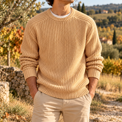 Maglione uomo kaki a maglia a coste con girocollo a costine e maniche lunghe