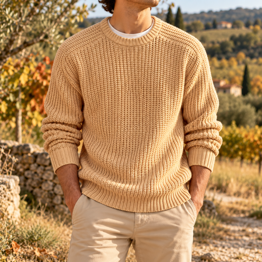 Maglione uomo kaki a maglia a coste con girocollo a costine e maniche lunghe