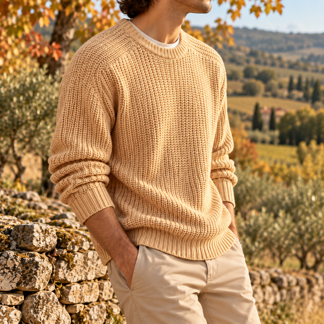 Uomo di tre quarti con maglione kaki a coste e polsini a costine