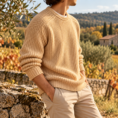 Dettaglio laterale del maglione kaki a maglia a coste con girocollo a costine