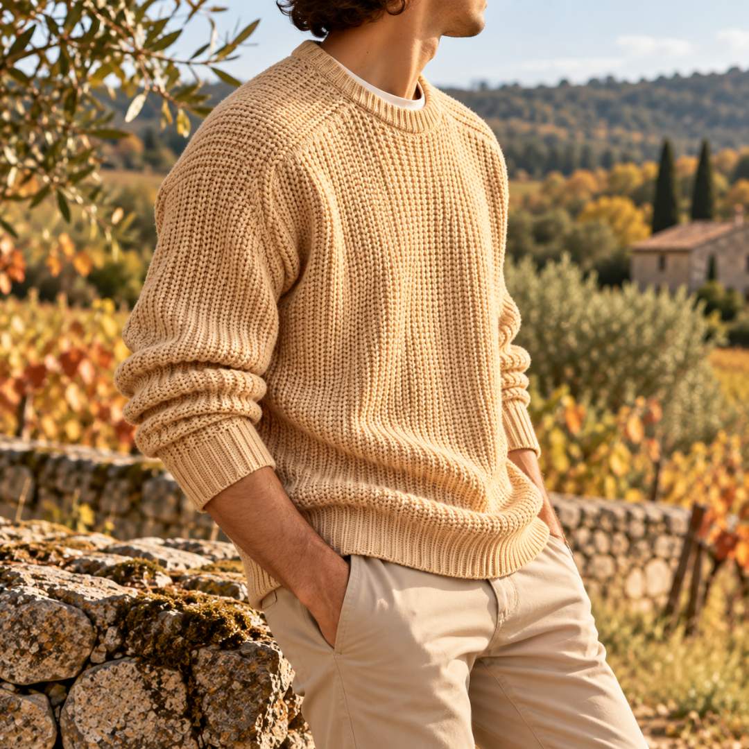 Dettaglio laterale del maglione kaki a maglia a coste con girocollo a costine