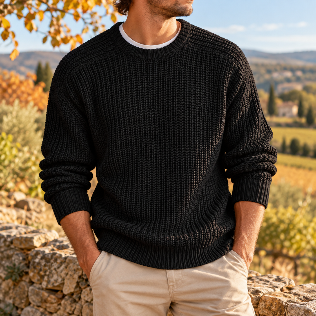 Maglione uomo nero a maglia a coste con maniche lunghe e fondo a costine