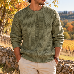 Maglione uomo verde a maglia a coste con girocollo e polsini a costine