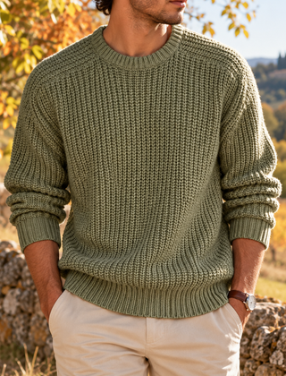 Maglione uomo verde a maglia a coste con girocollo e polsini a costine