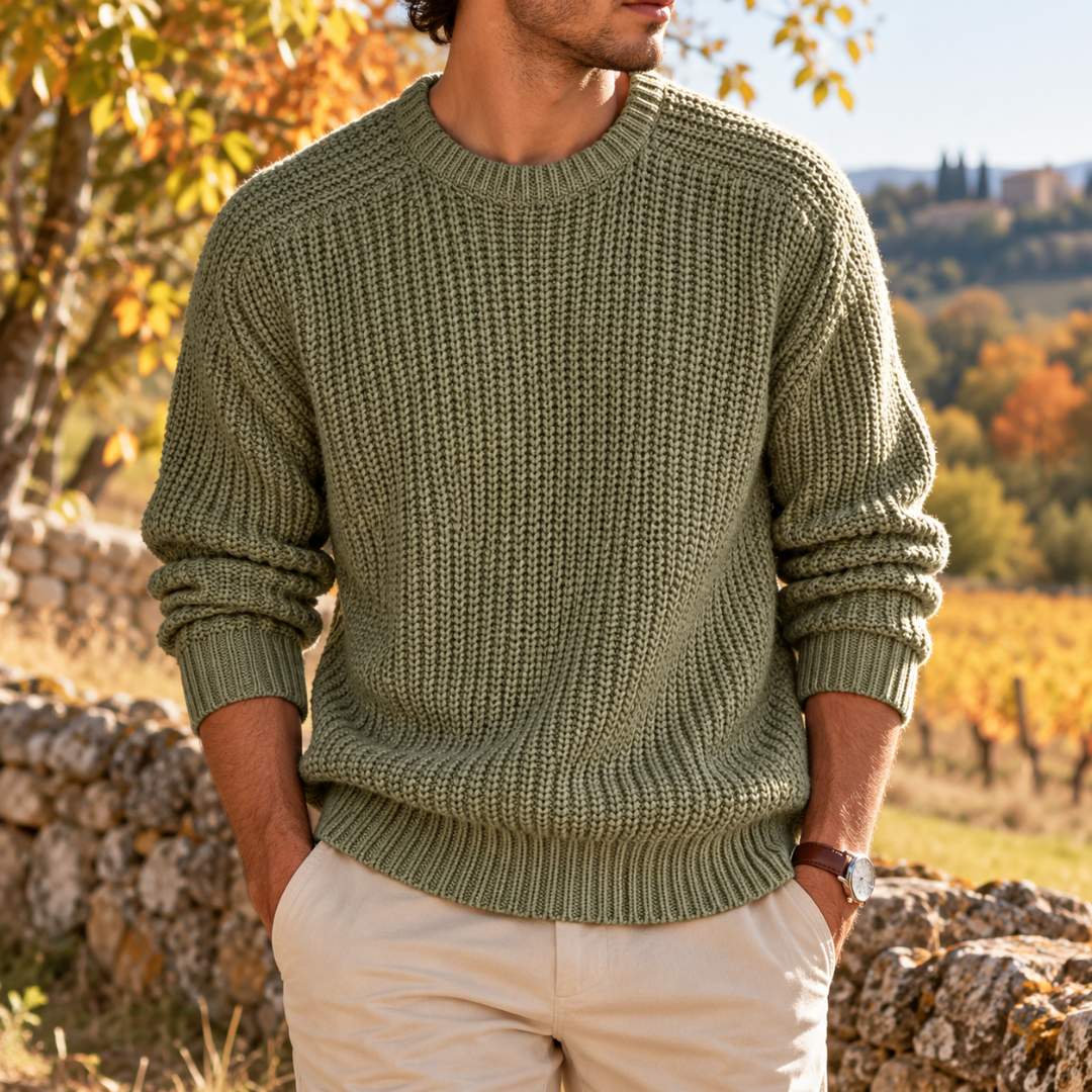 Maglione uomo verde a maglia a coste con girocollo e polsini a costine