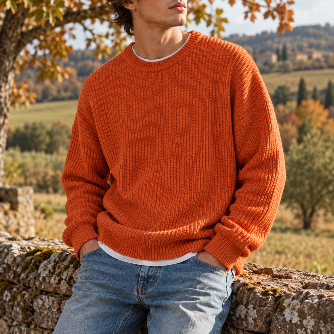 Maglione uomo arancione in maglia a coste con maniche lunghe e girocollo