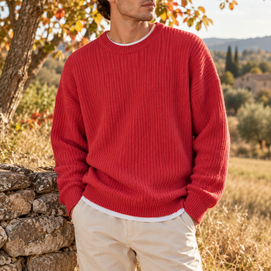 Maglione uomo rosso in maglia a coste con girocollo a costine, vista frontale