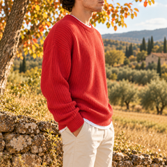 Maglione uomo rosso a coste di profilo, maniche lunghe con polsini a costine