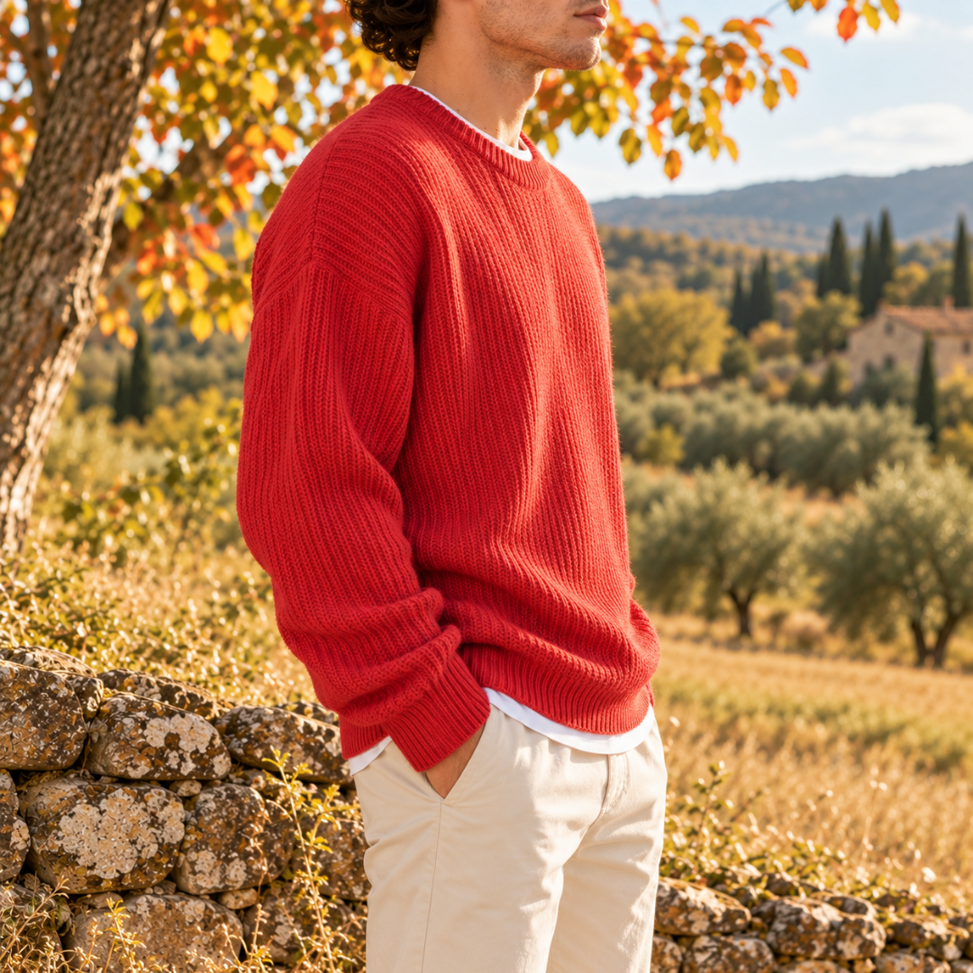 Maglione uomo rosso a coste di profilo, maniche lunghe con polsini a costine
