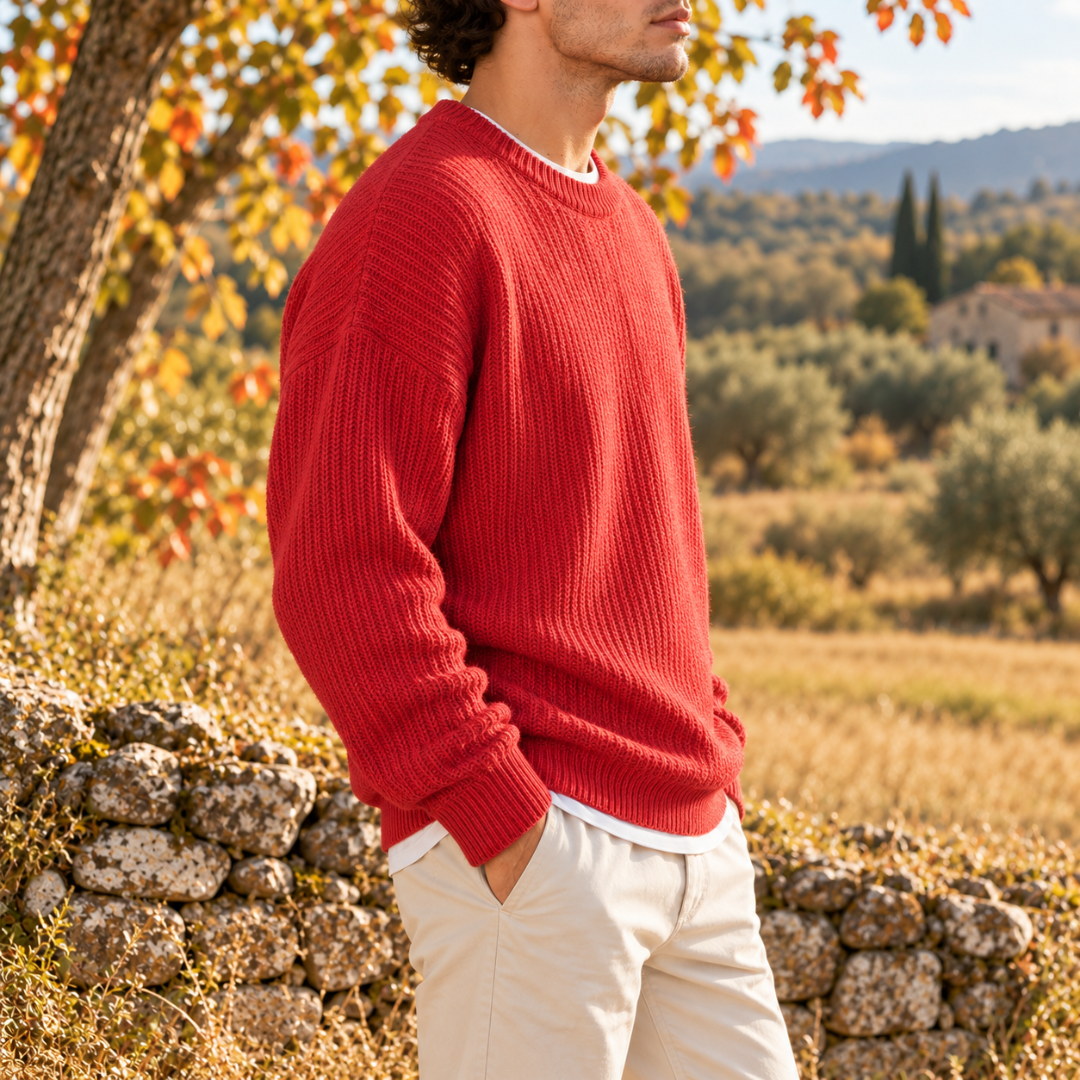Dettaglio laterale del maglione uomo rosso con trama a coste verticale