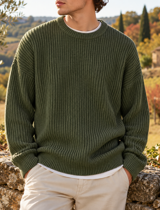 Maglione uomo verde militare in maglia a coste con polsini e fondo a costine