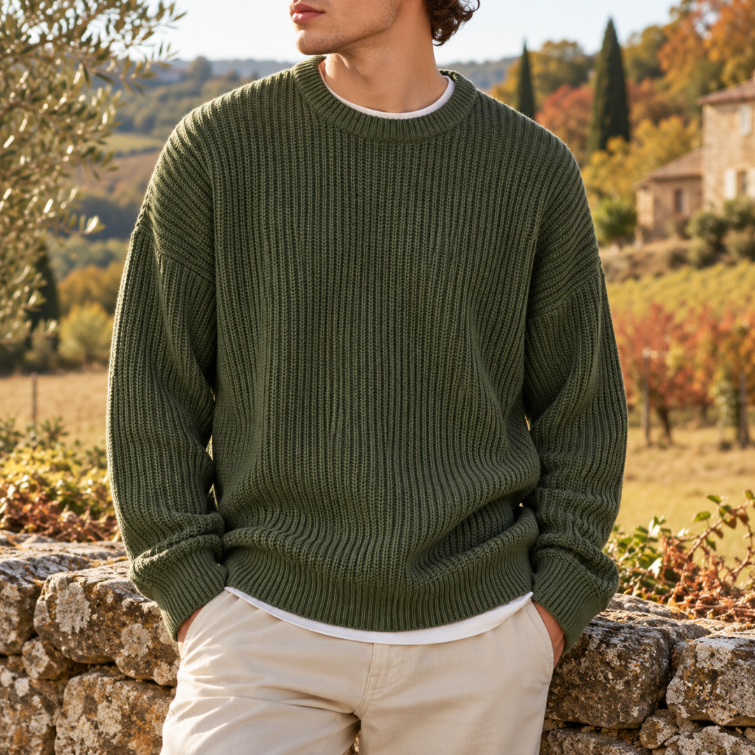 Maglione uomo verde militare in maglia a coste con polsini e fondo a costine