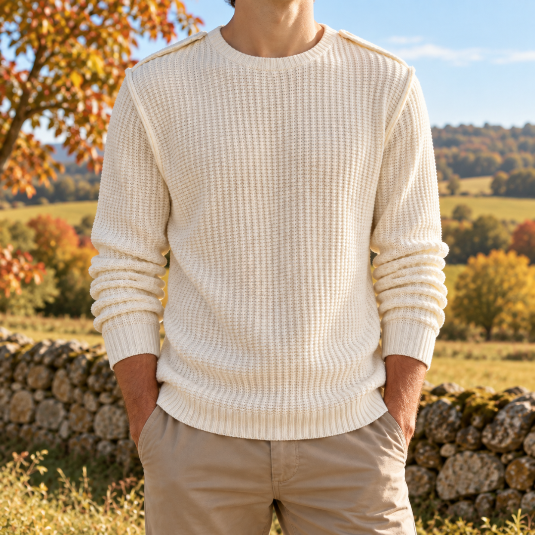 Maglione uomo bianco in maglia a coste con girocollo a costine e maniche lunghe