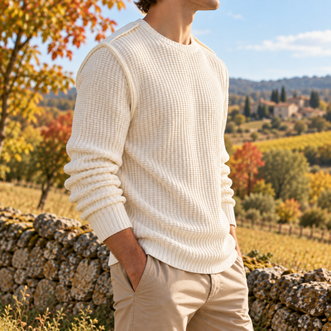 Maglione uomo bianco di tre quarti, cucitura a vista sulla spalla e polsini a costine