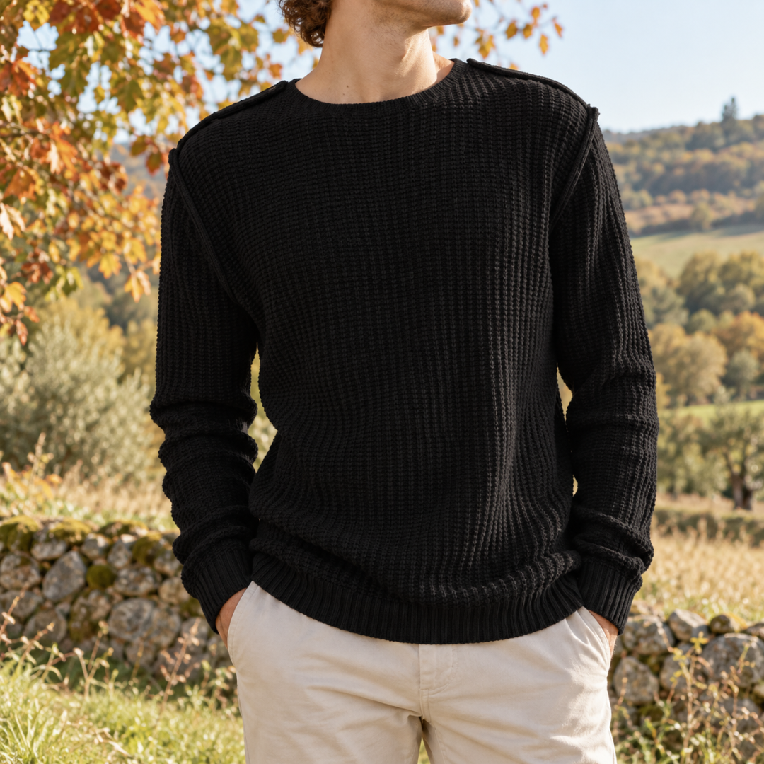 Maglione uomo nero a girocollo in maglia a coste con polsini e fondo a costine
