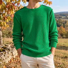 Maglione uomo verde a girocollo con maglia a coste in rilievo e fondo a costine