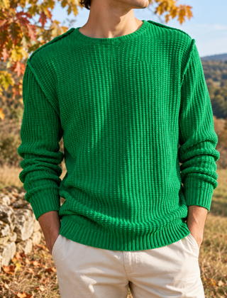 Maglione uomo verde a girocollo con maglia a coste in rilievo e fondo a costine