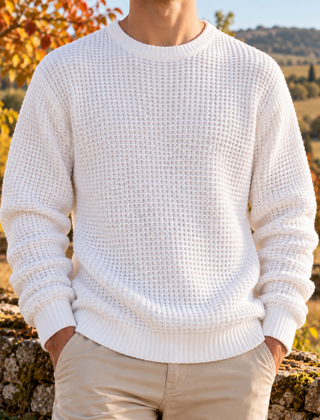 Maglione uomo bianco a nido d'ape con girocollo a coste, vista frontale
