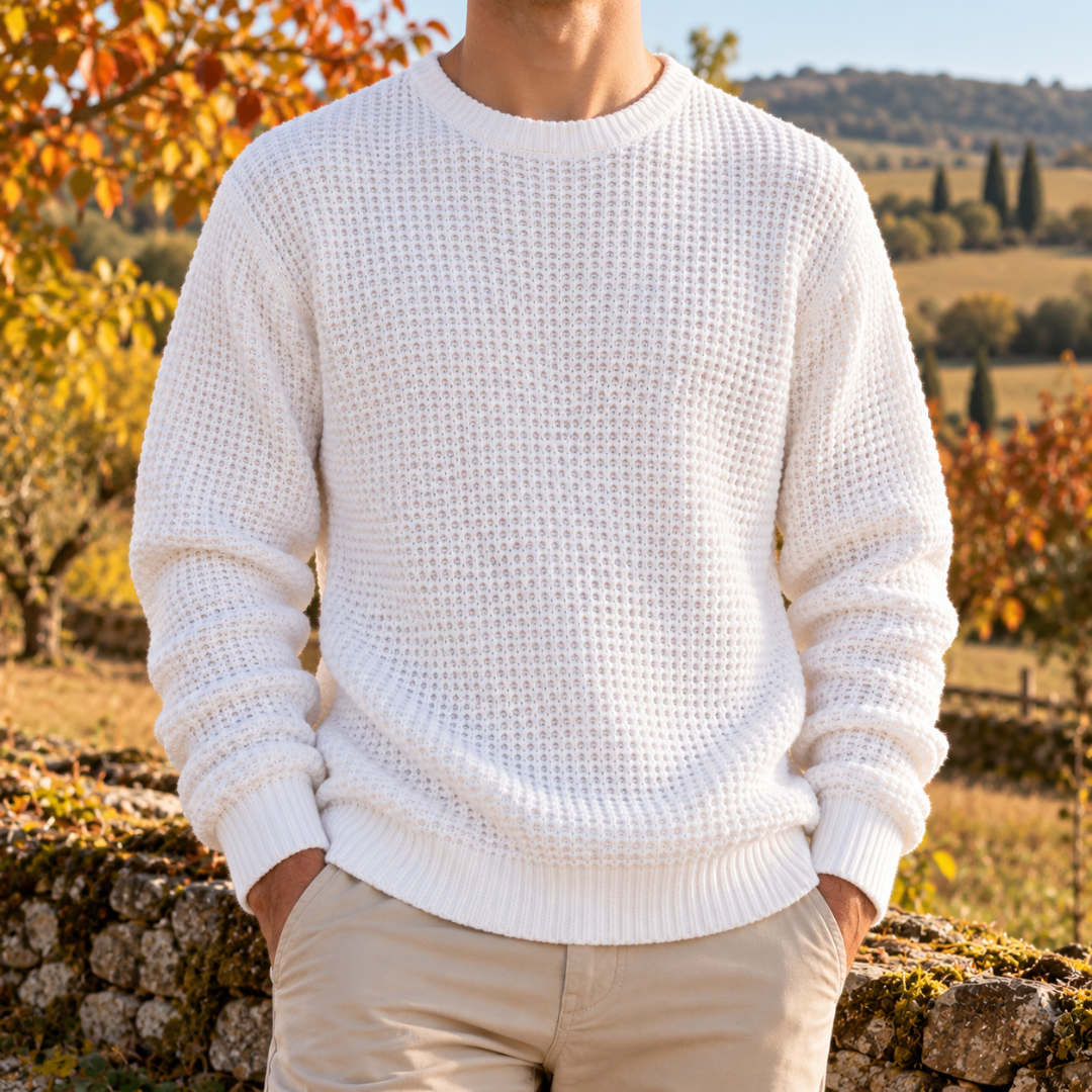 Maglione uomo bianco a nido d'ape con girocollo a coste, vista frontale