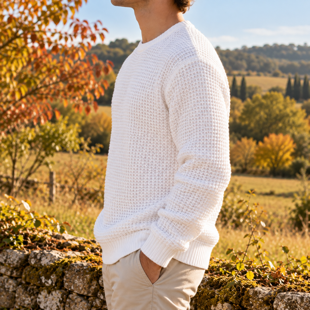 Maglione bianco di profilo, trama a nido d'ape e polsini a coste