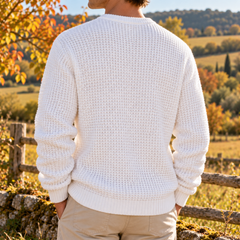 Retro del maglione uomo bianco con fondo a coste e maniche lunghe