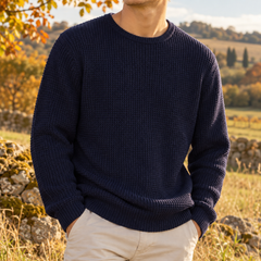 Maglione uomo blu navy con trama a nido d'ape e bordi a coste