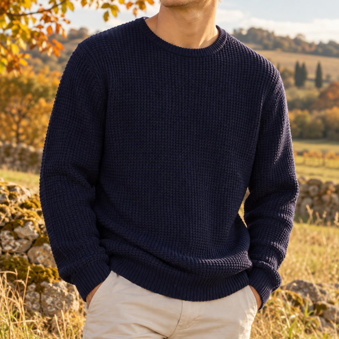 Maglione uomo blu navy con trama a nido d'ape e bordi a coste