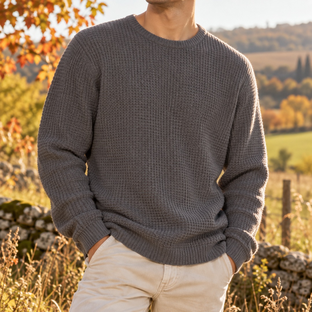 Maglione uomo grigio scuro a nido d'ape con girocollo e maniche lunghe