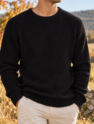 Maglione uomo nero a nido d'ape, girocollo a coste e fondo rifinito