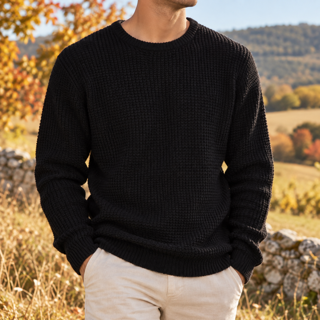 Maglione uomo nero a nido d'ape, girocollo a coste e fondo rifinito