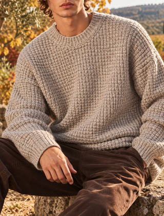 Maglione uomo kaki melangiato a nido d'ape con girocollo e maniche lunghe