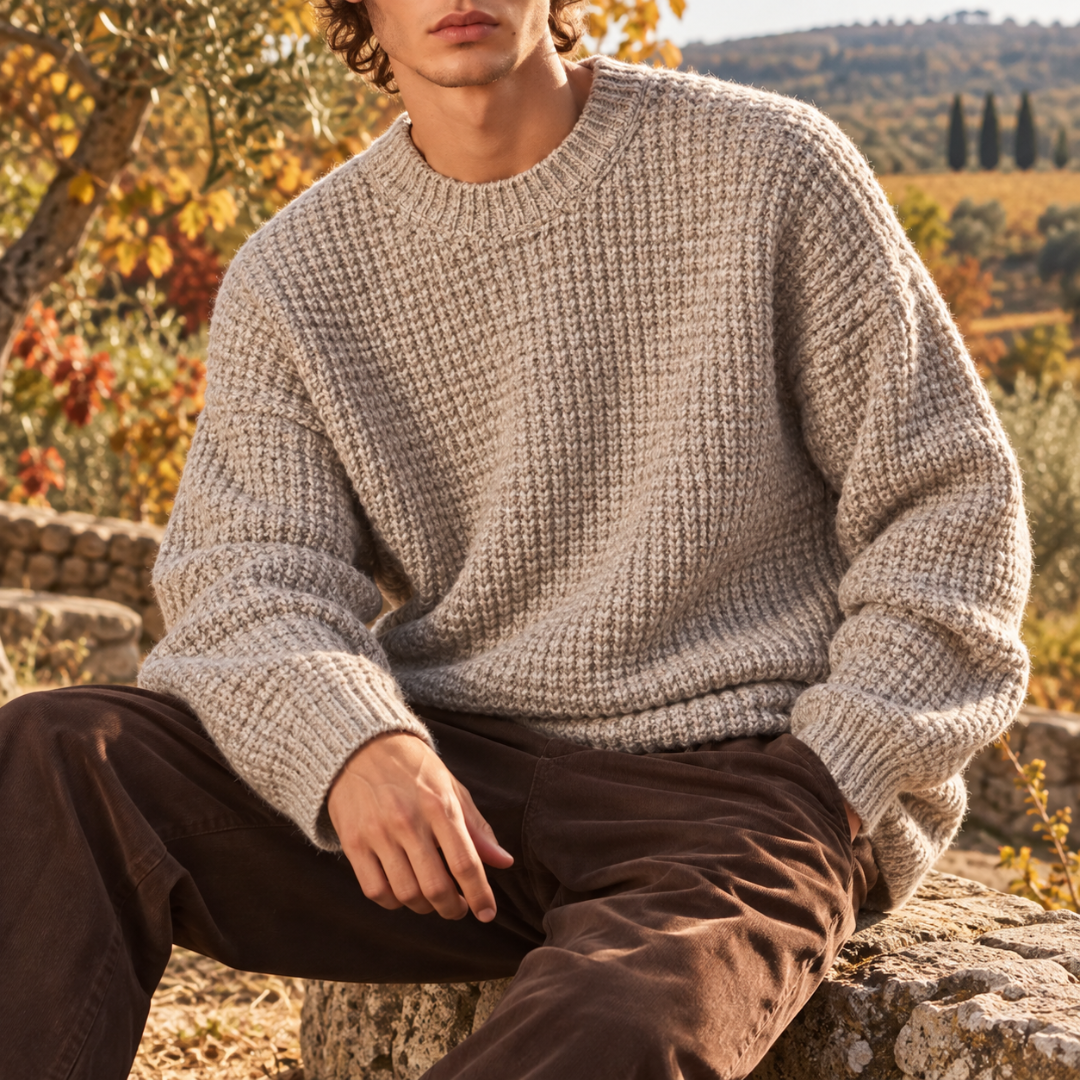 Maglione uomo kaki melangiato a nido d'ape con girocollo e maniche lunghe