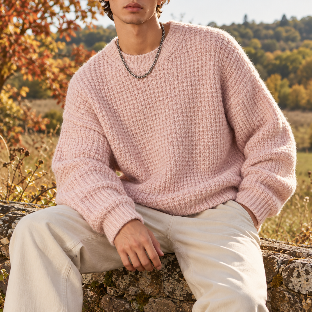Maglione uomo rosa in maglia a nido d'ape con girocollo a coste