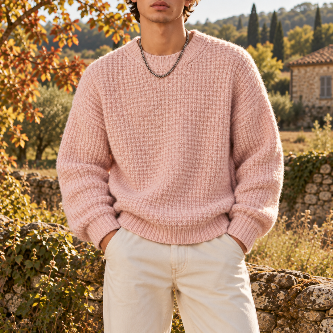 Maglione uomo rosa a nido d'ape con fondo a coste e linea ampia