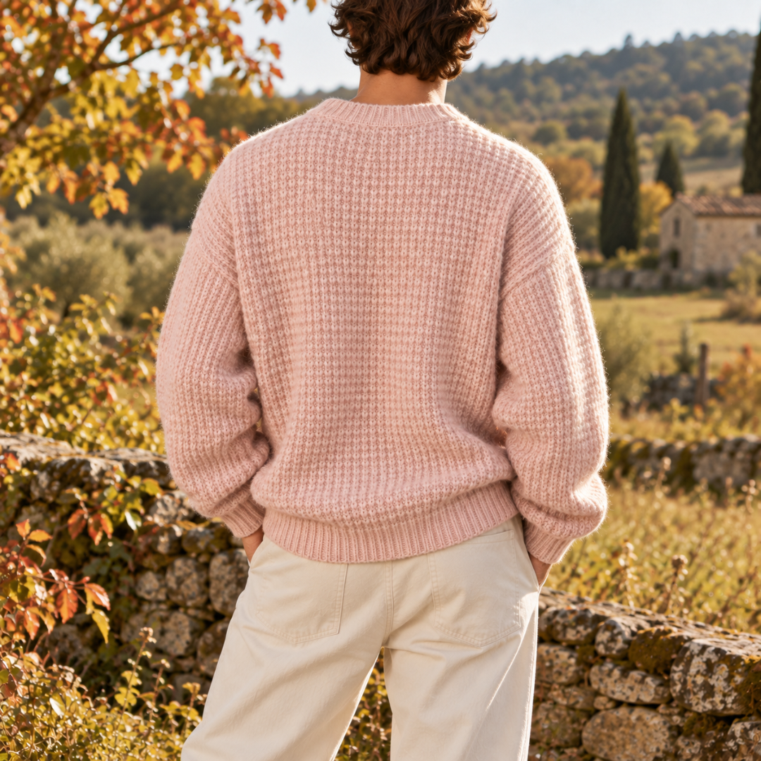 Retro del maglione uomo rosa in maglia a nido d'ape con spalle scese