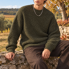 Maglione uomo verde in maglia a nido d'ape con polsini e fondo a coste