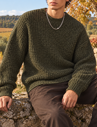 Maglione uomo verde in maglia a nido d'ape con polsini e fondo a coste